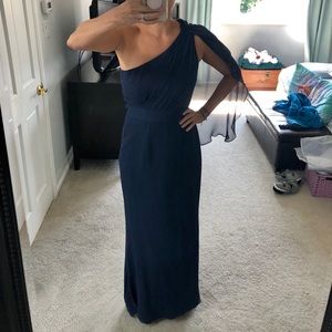 Navy Blue One Shoulder Chiffon Formal Dress, Sz 6